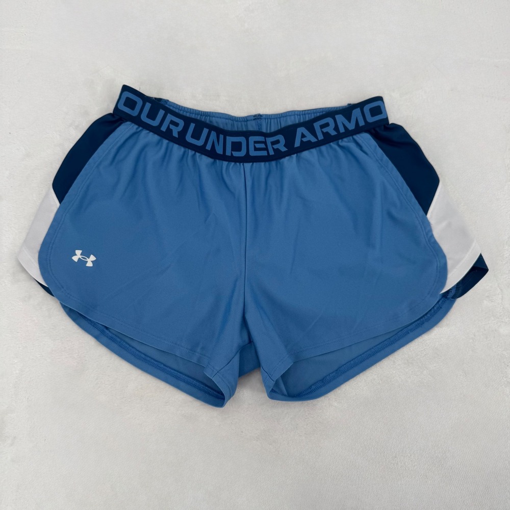 Under Armour Athletic Shorts Womens Size Medium Blue Colorblock Logo Running Gym